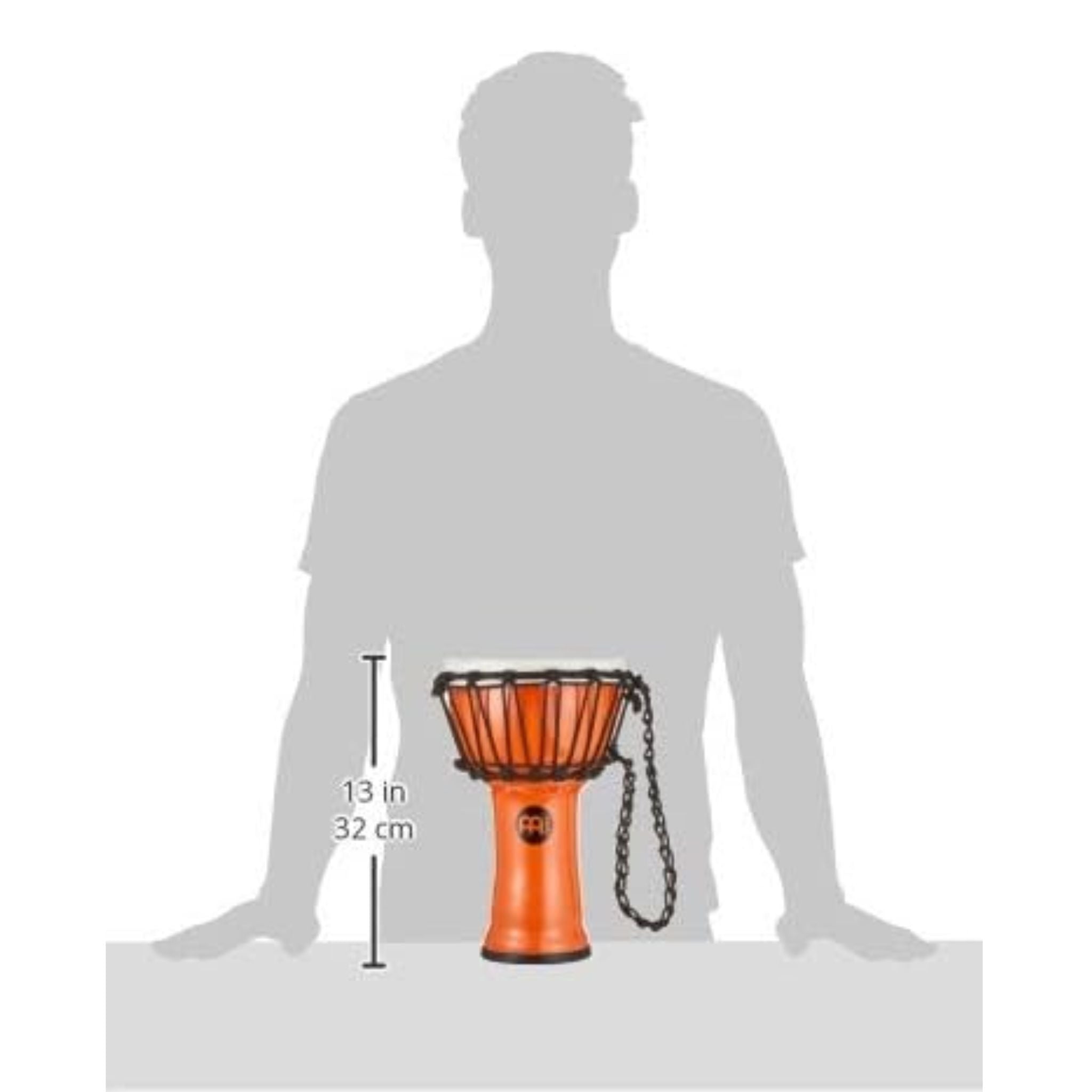 Silhouette showing size proportion of the Meinl Junior Djembe Drum 7 inch diameter head in Orange JRD-O with 37 cm height