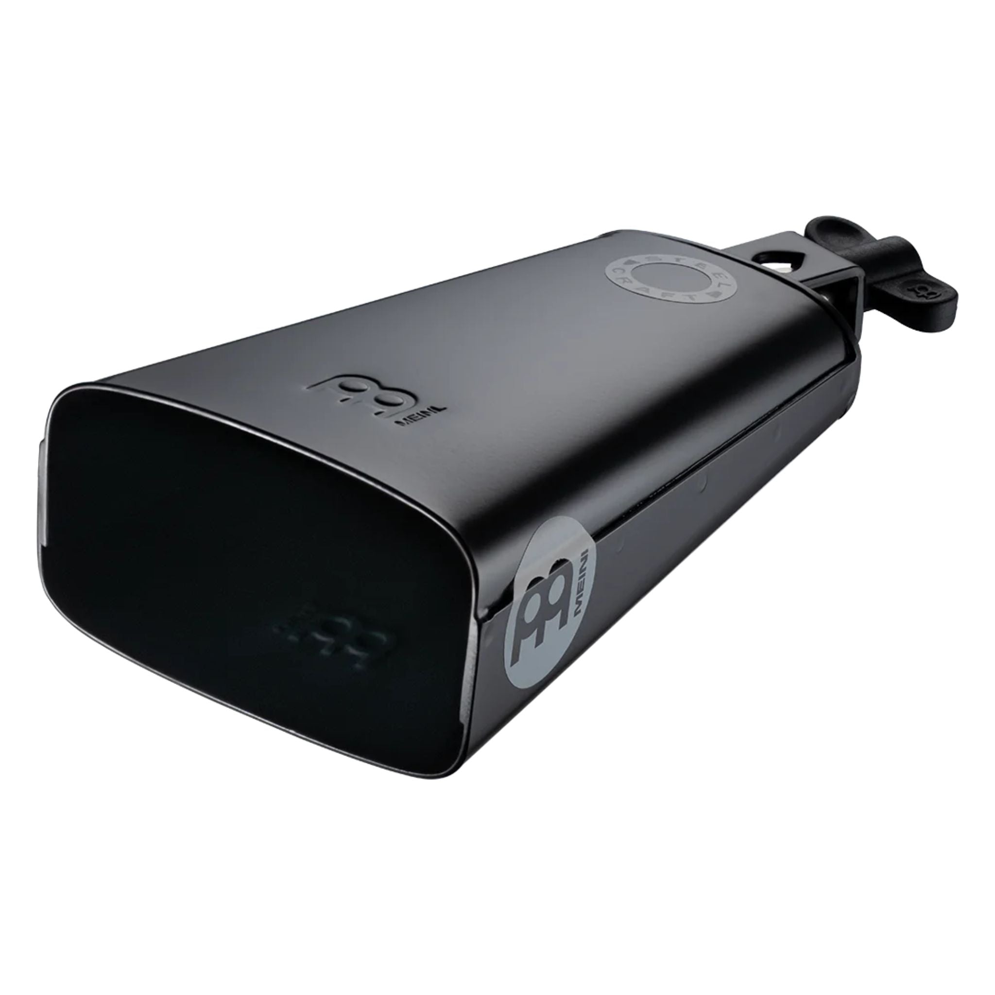 Meinl Classic Rock Big Mouth Cowbell 7 inch Low Pitch SCL70B-BK in black steel with wide mouth design and mount, delivering powerful low-pitched cowbell tone for drum kits and percussion setups.