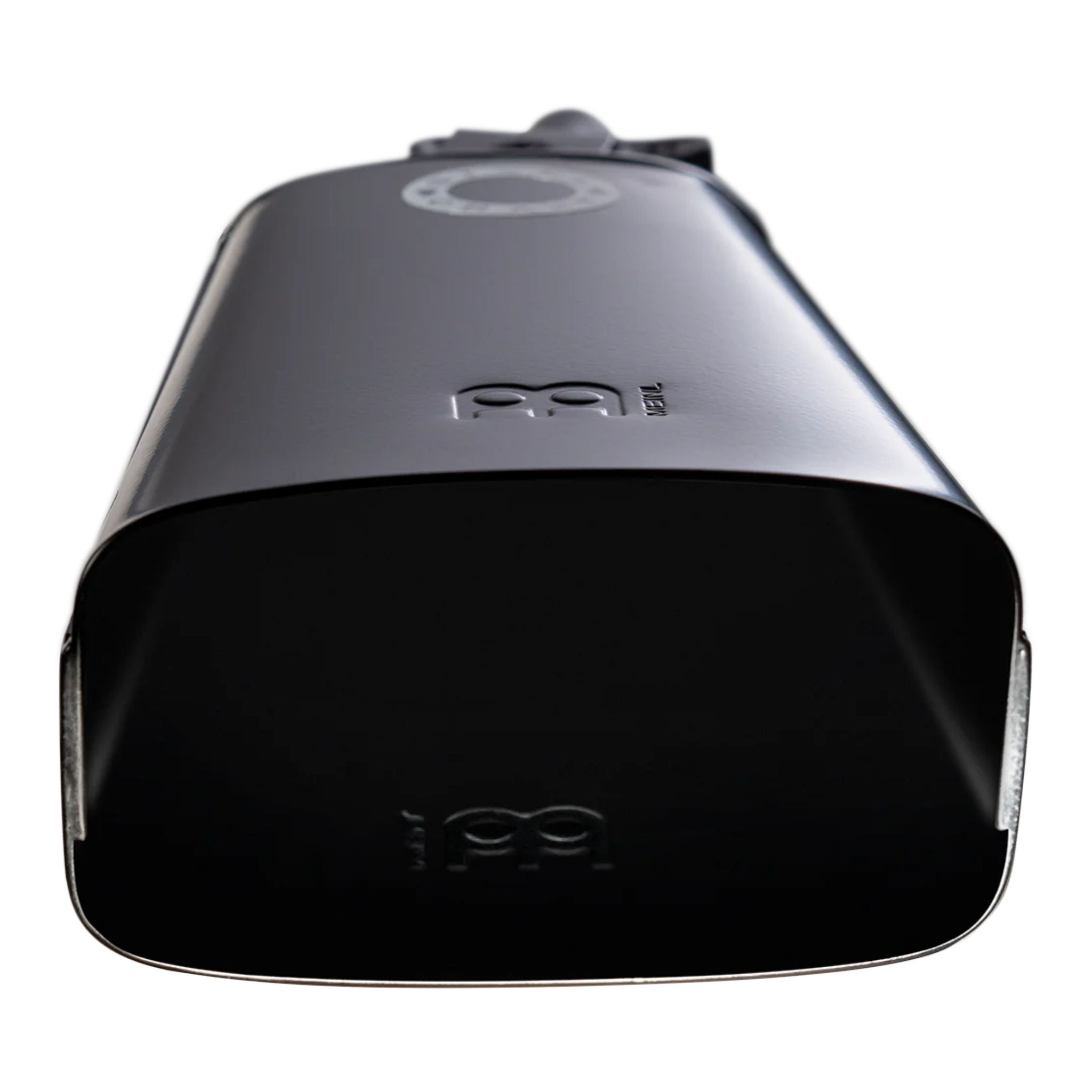 Front view of Meinl Classic Rock Big Mouth Cowbell 7 inch Low Pitch SCL70B-BK showing wide mouth opening designed for loud, cutting cowbell tone in rock and drum kit setups.