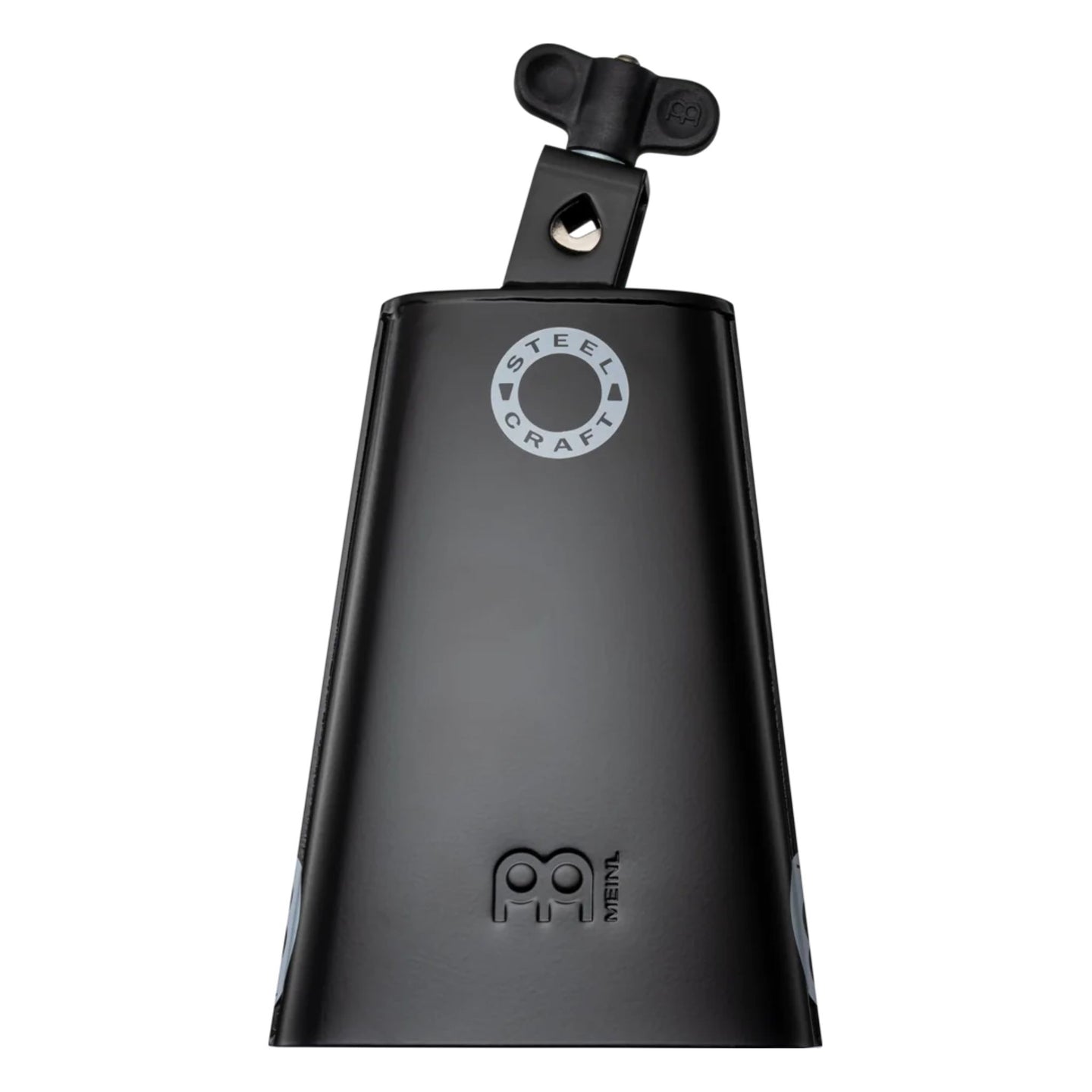 Rear view of Meinl Classic Rock Big Mouth Cowbell 7 inch Low Pitch SCL70B-BK showing Steel Craft badge and integrated mounting bracket.
