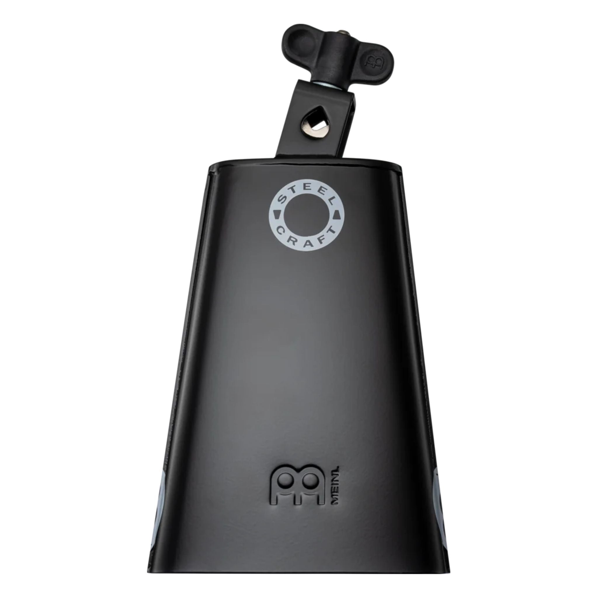Rear view of Meinl Classic Rock Big Mouth Cowbell 7 inch Low Pitch SCL70B-BK showing Steel Craft badge and integrated mounting bracket.