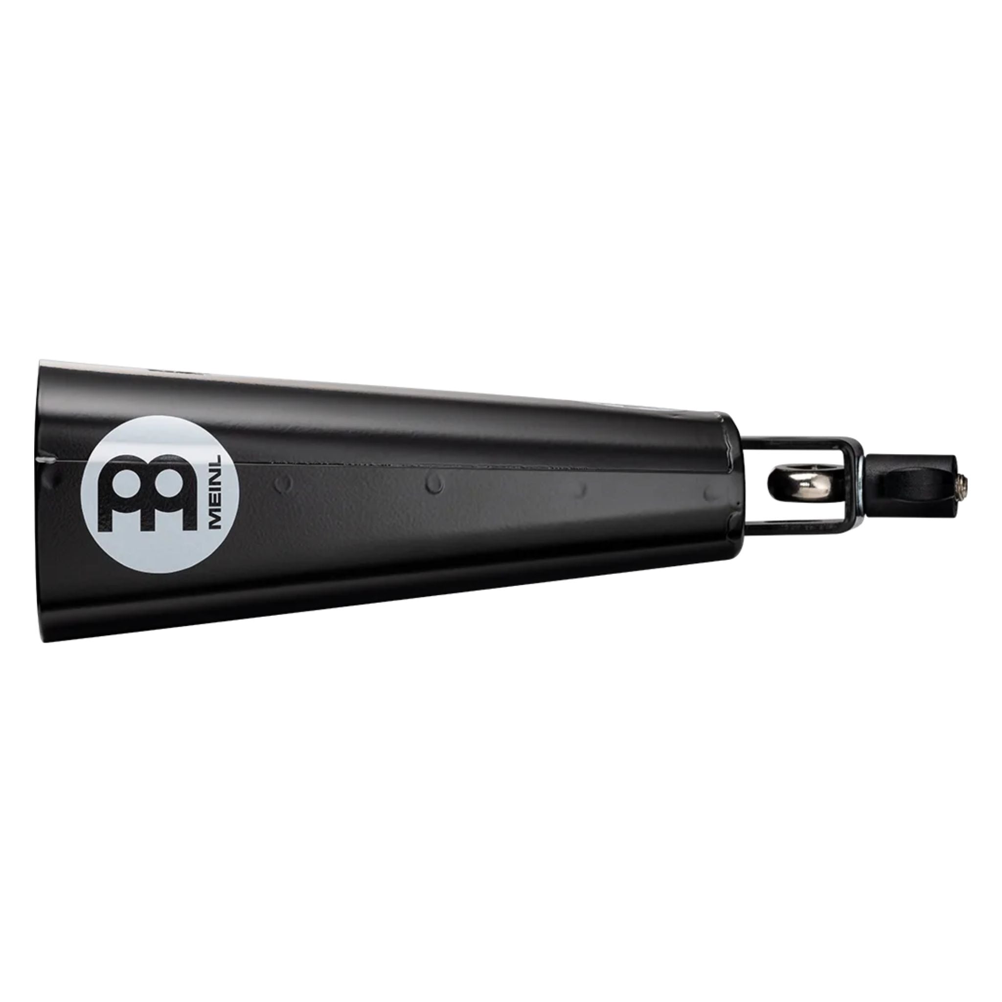 Side view of Meinl Classic Rock Big Mouth Cowbell 7 inch Low Pitch SCL70B-BK with integrated mounting bracket, designed for powerful rock cowbell accents on drum kit setups.