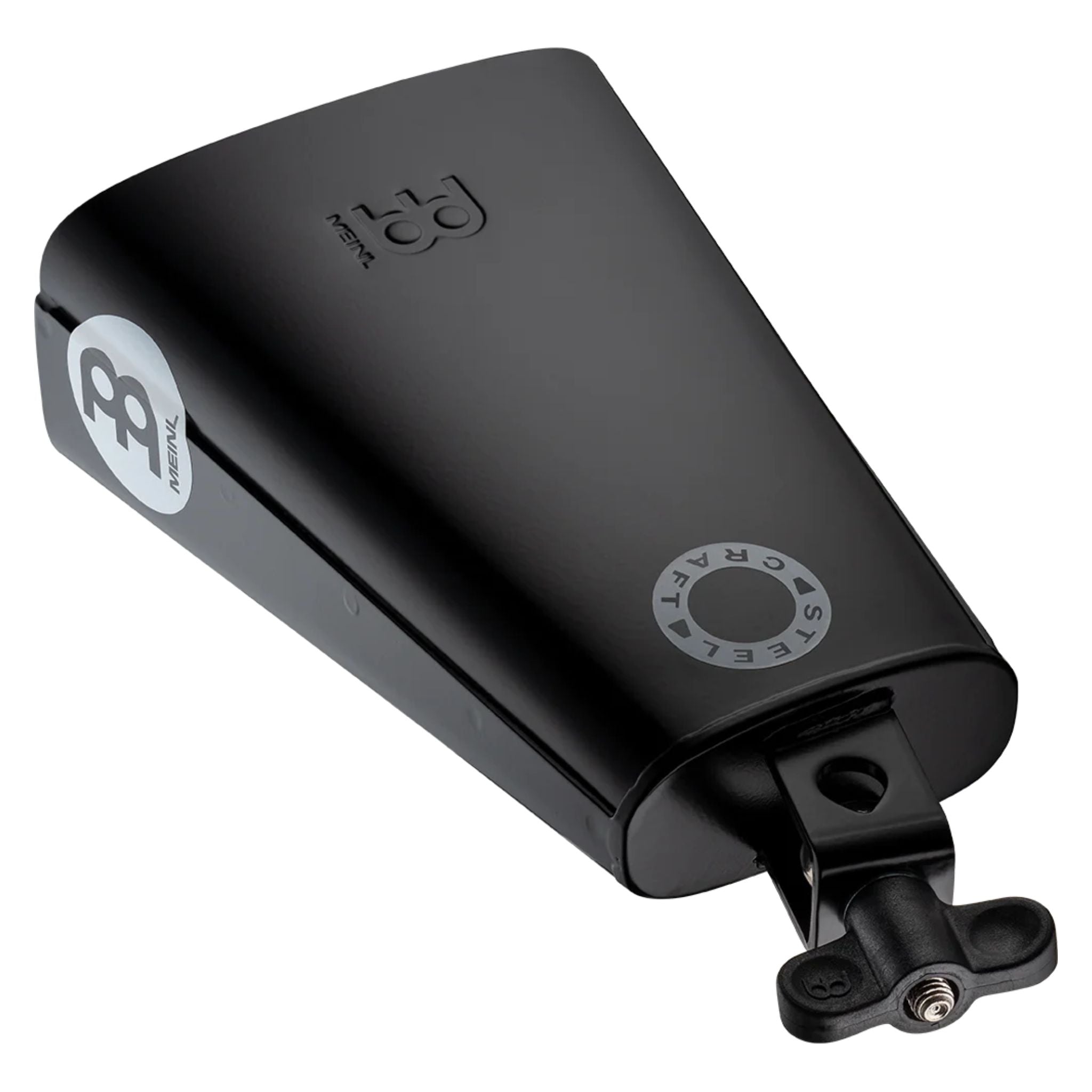 Top angled view of Meinl Classic Rock Big Mouth Cowbell 7 inch Low Pitch SCL70B-BK featuring black steel construction and mount for loud, punchy cowbell accents in rock drum kit setups.