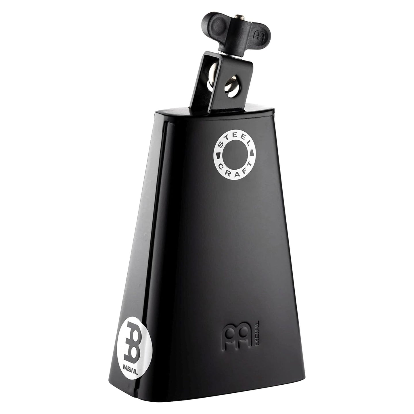 Meinl Classic Rock Big Mouth Cowbell 7 inch Low Pitch SCL70B-BK in black steel, front view showing mount and Steel Craft construction.
