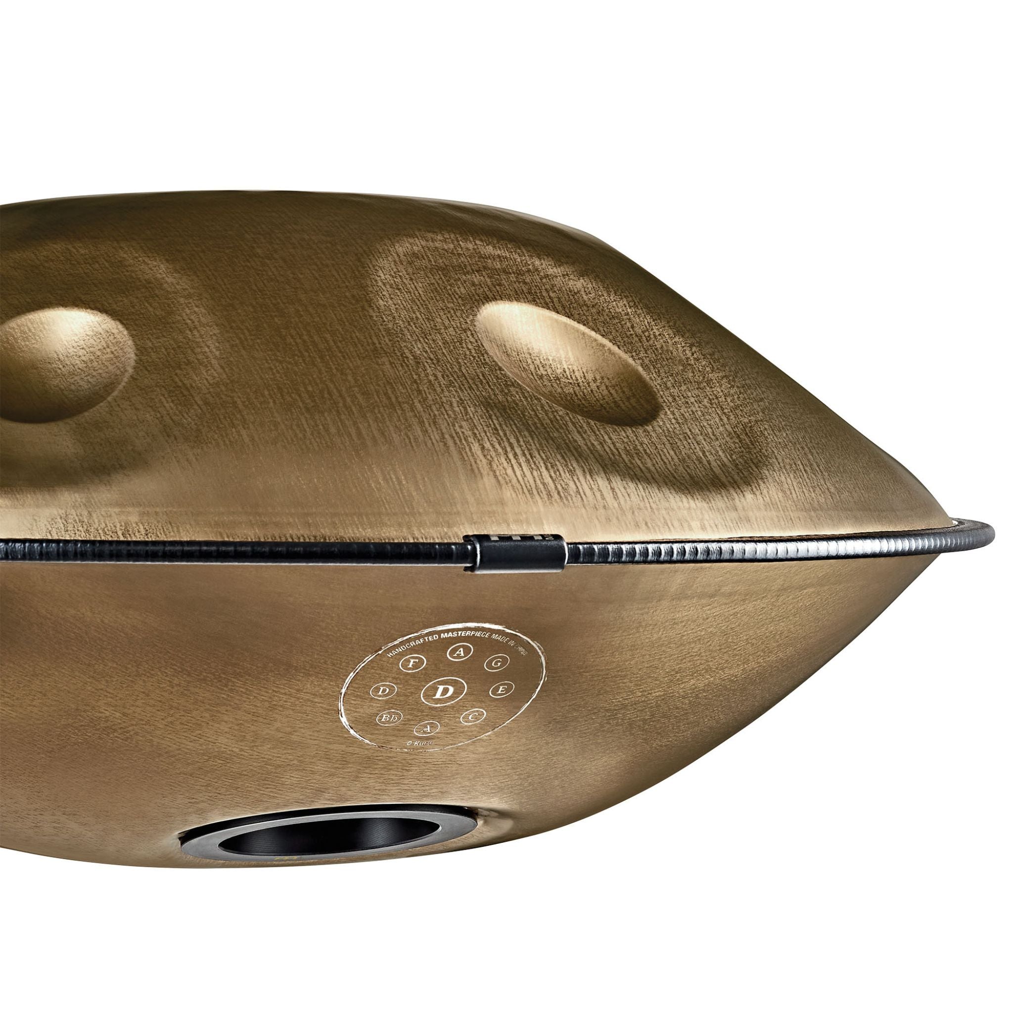 Side profile of the Meinl Sensory Handpan highlighting the handcrafted shell and superior artisan detailing.