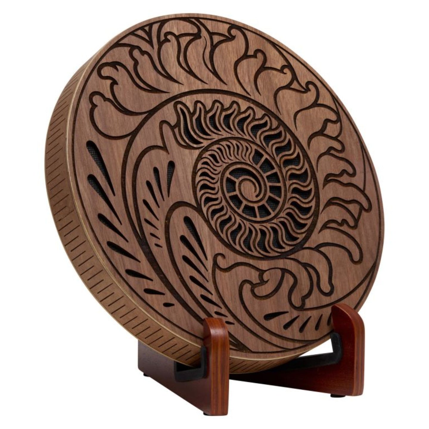 10 inch rain disk with Fibonacci-inspired carving on wooden stand against white background showing natural carved surface detail