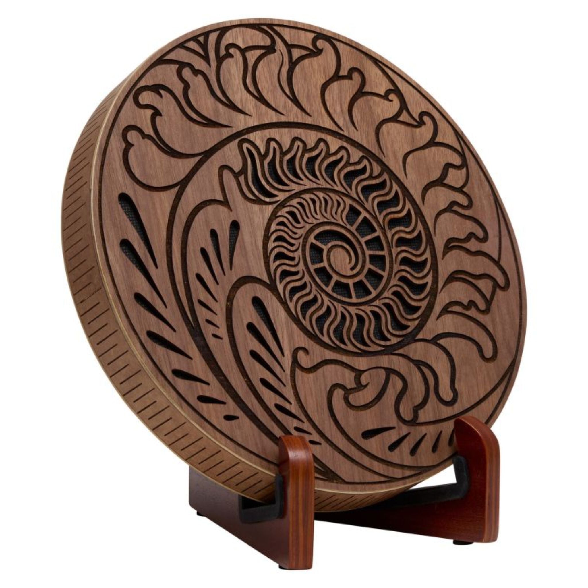 10 inch rain disk with Fibonacci-inspired carving on wooden stand against white background showing natural carved surface detail