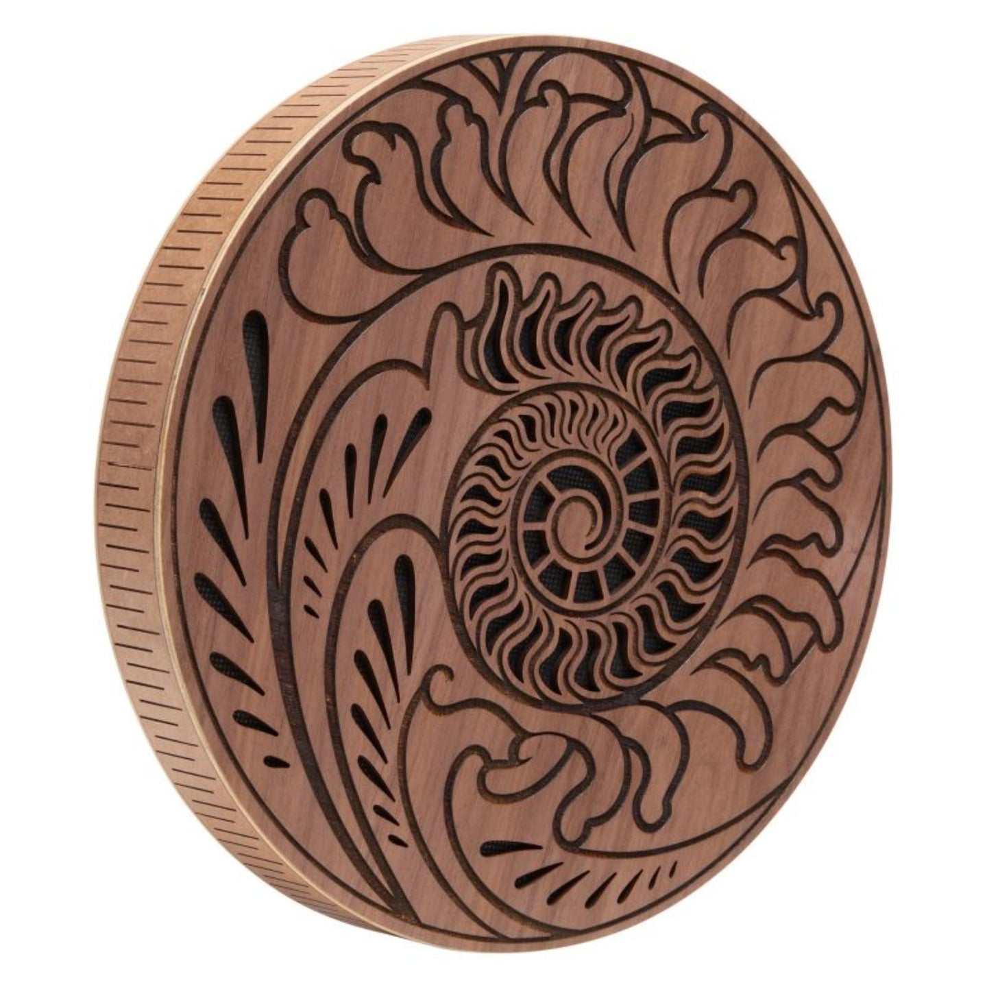 10 inch rain disk with Fibonacci-inspired carving on white background showing natural carved wooden surface detail