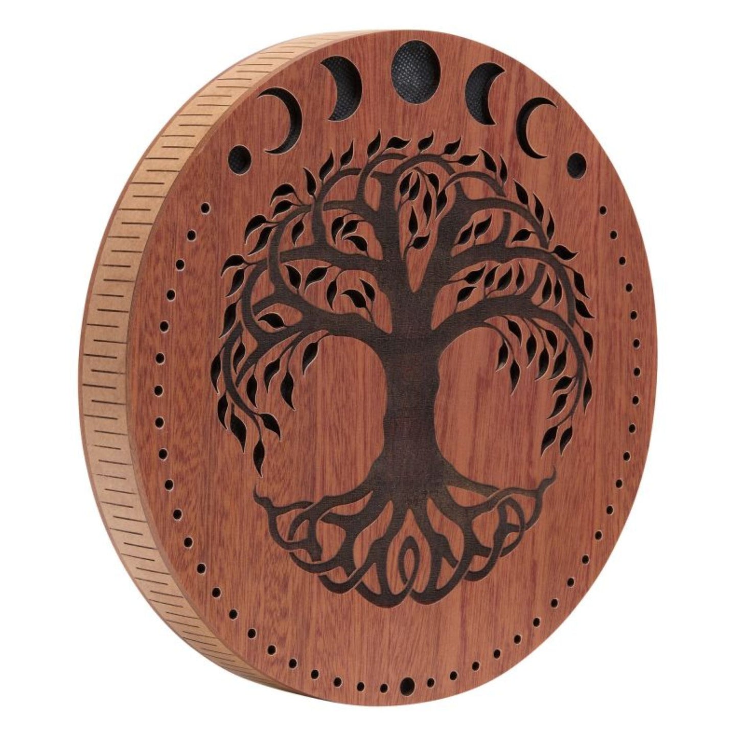 10 inch rain disk with Moon Phases and Tree of Life carving on white background showing natural carved wooden surface detail