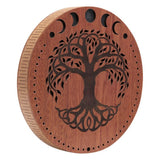 10 inch rain disk with Moon Phases and Tree of Life carving on white background showing natural carved wooden surface detail