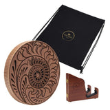 10 inch rain disk with wooden stand and soft carry bag on white background showing included accessories and display setup