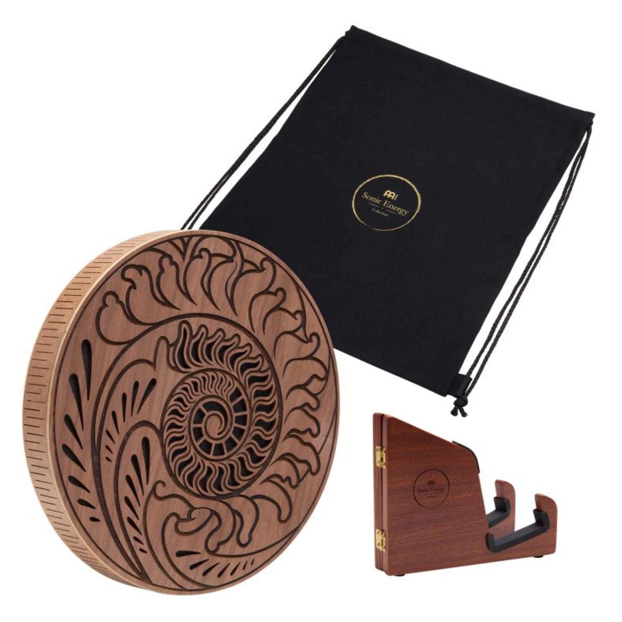 10 inch rain disk with wooden stand and soft carry bag on white background showing included accessories and display setup