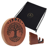 10 inch rain disk with wooden stand and soft carry bag on white background showing included accessories and display setup