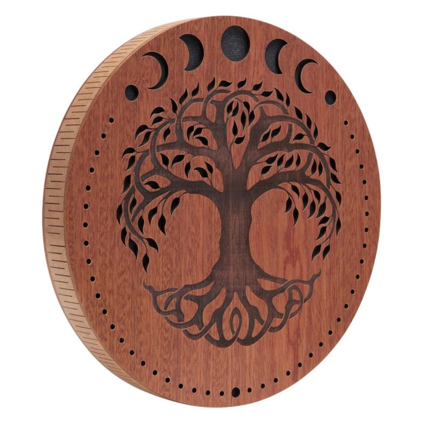 12 inch rain disk with Moon Phases and Tree of Life carving on white background showing natural carved wooden surface detail