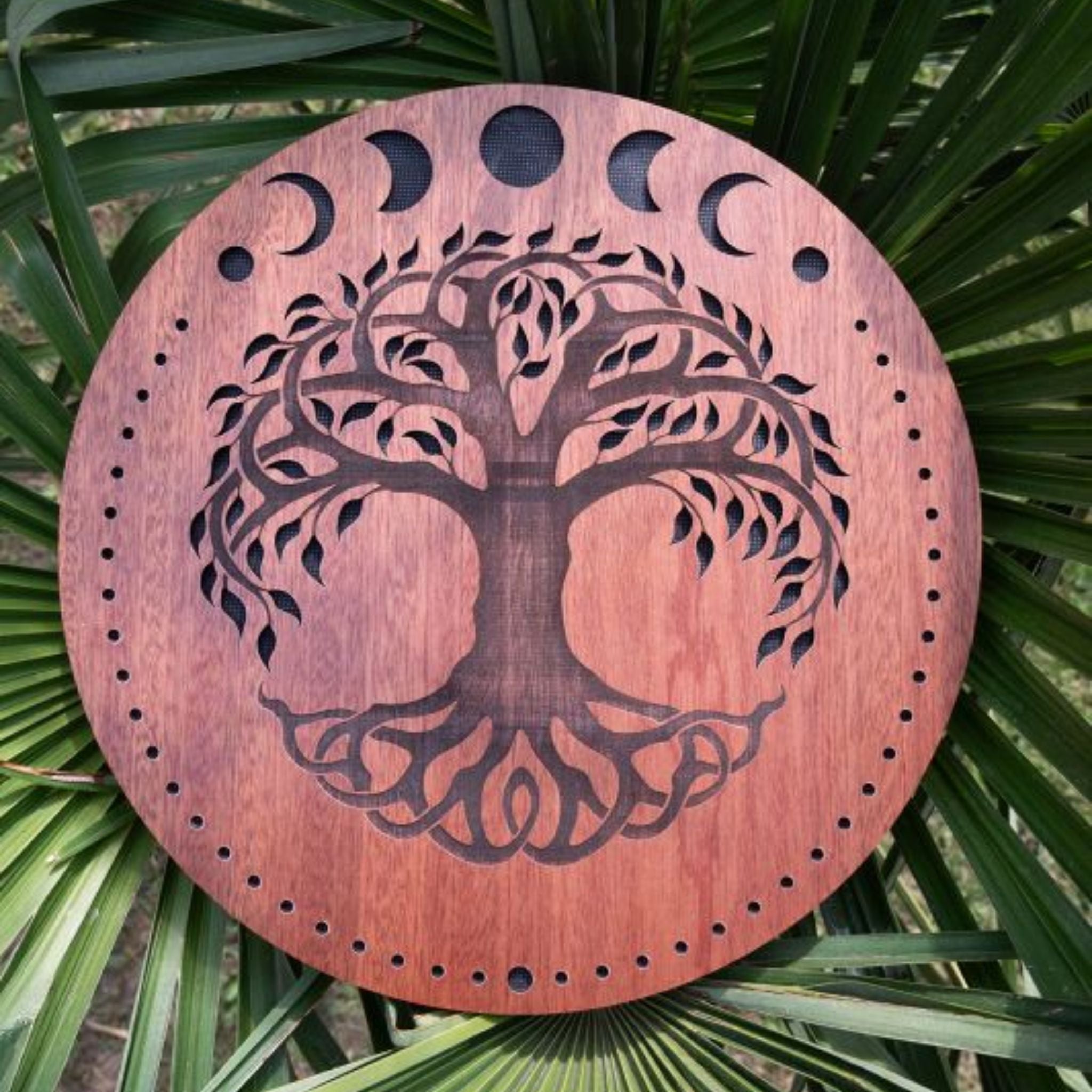 12 inch rain disk resting outdoors on palm tree branch showing carved Moon Phases and Tree of Life surface in natural environment