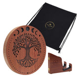 12 inch rain disk with wooden stand and soft carry bag on white background showing included accessories and display setup