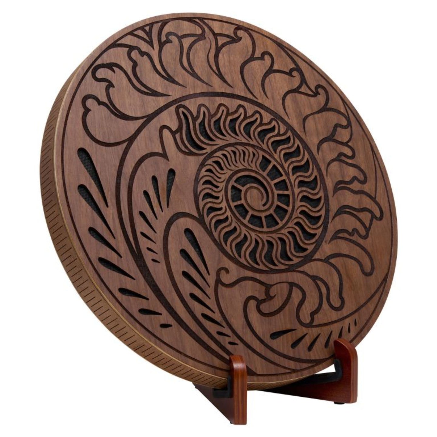 15 inch rain disk with Fibonacci-inspired carving on wooden stand against white background showing natural carved surface detail