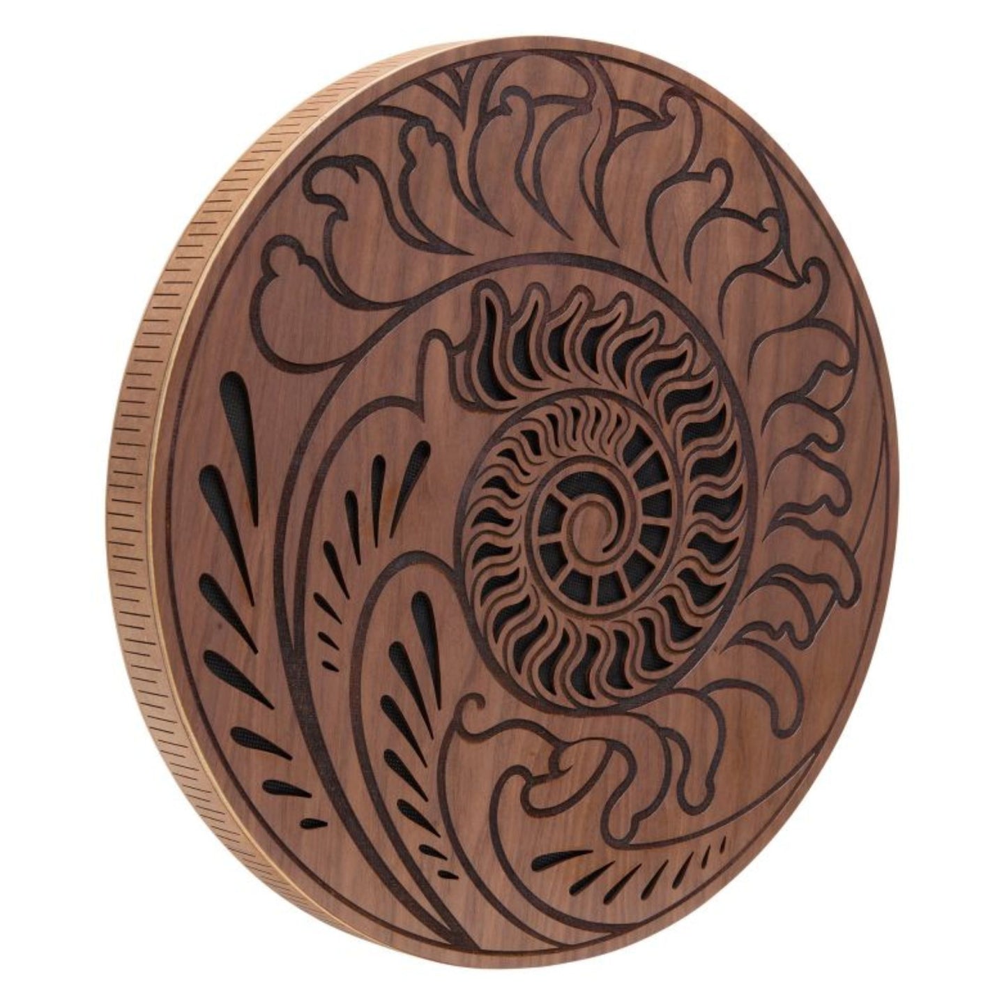 15 inch rain disk with Fibonacci-inspired carving on white background showing natural carved wooden surface detail