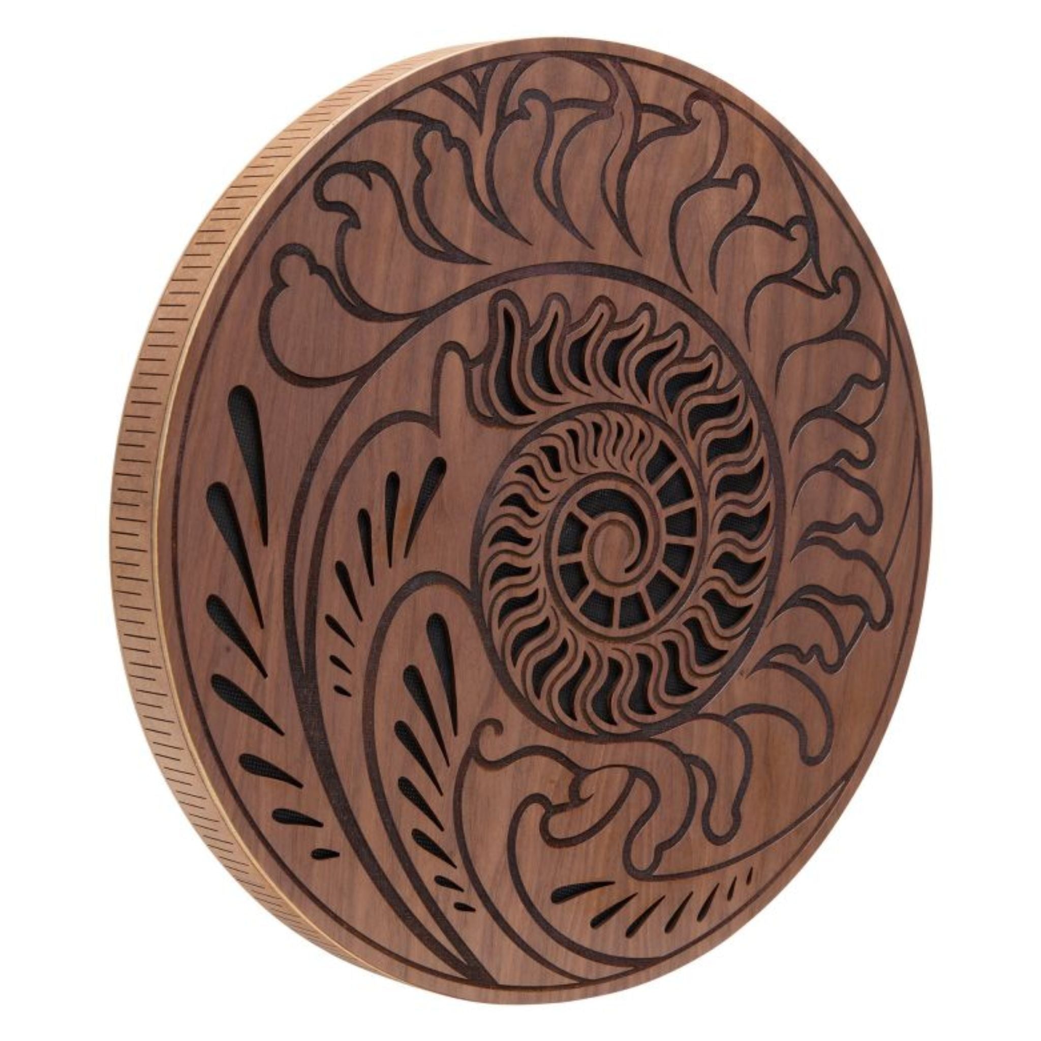 15 inch rain disk with Fibonacci-inspired carving on white background showing natural carved wooden surface detail