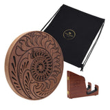 15 inch rain disk with wooden stand and soft carry bag on white background showing included accessories and display setup
