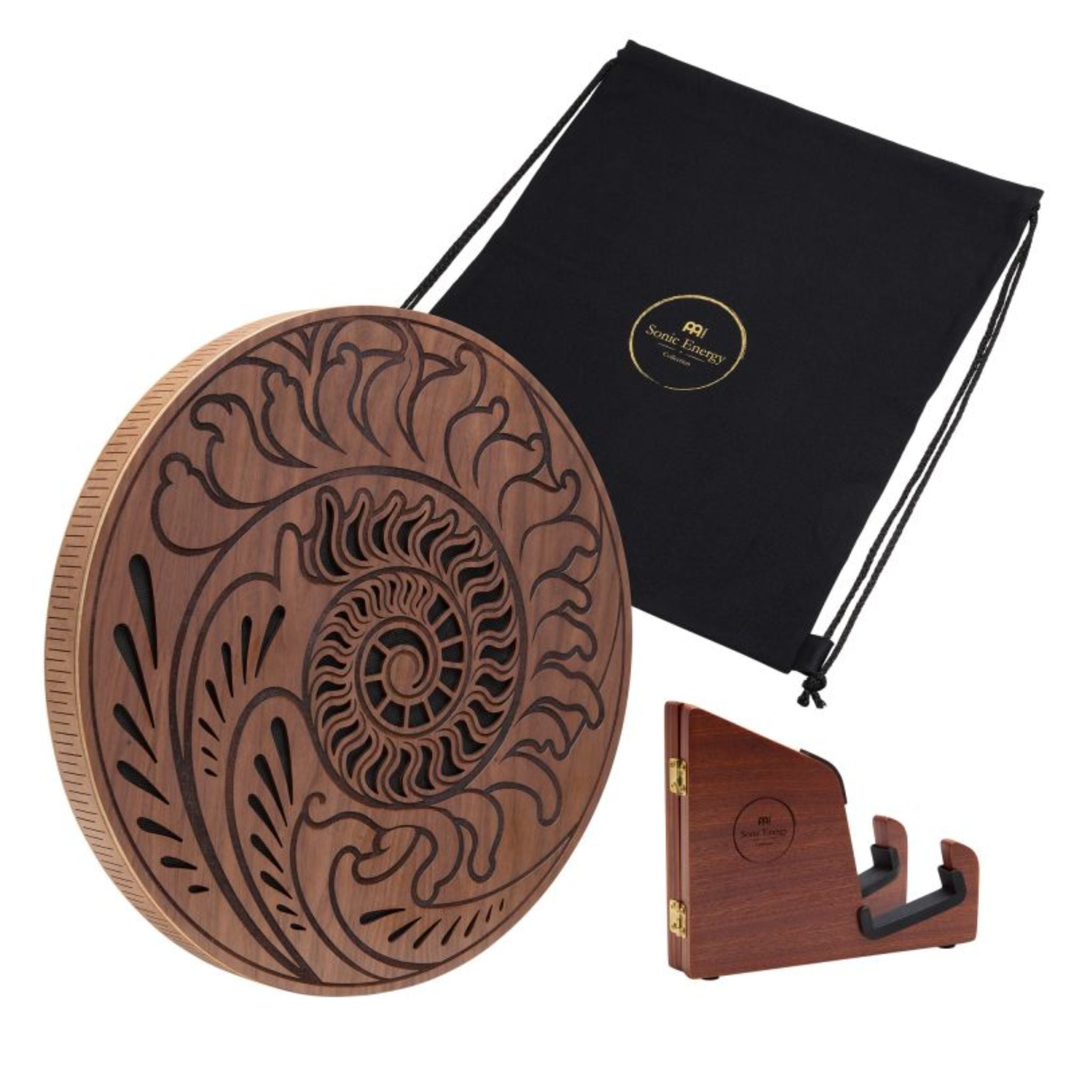15 inch rain disk with wooden stand and soft carry bag on white background showing included accessories and display setup