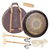 Meinl Sonic Energy 24 inch Flower of Life Soundscape Gong 64Hz GFOL24 with included travel bag, gong handle, gong cord, protective gloves, and two gong mallets displayed together on white background.