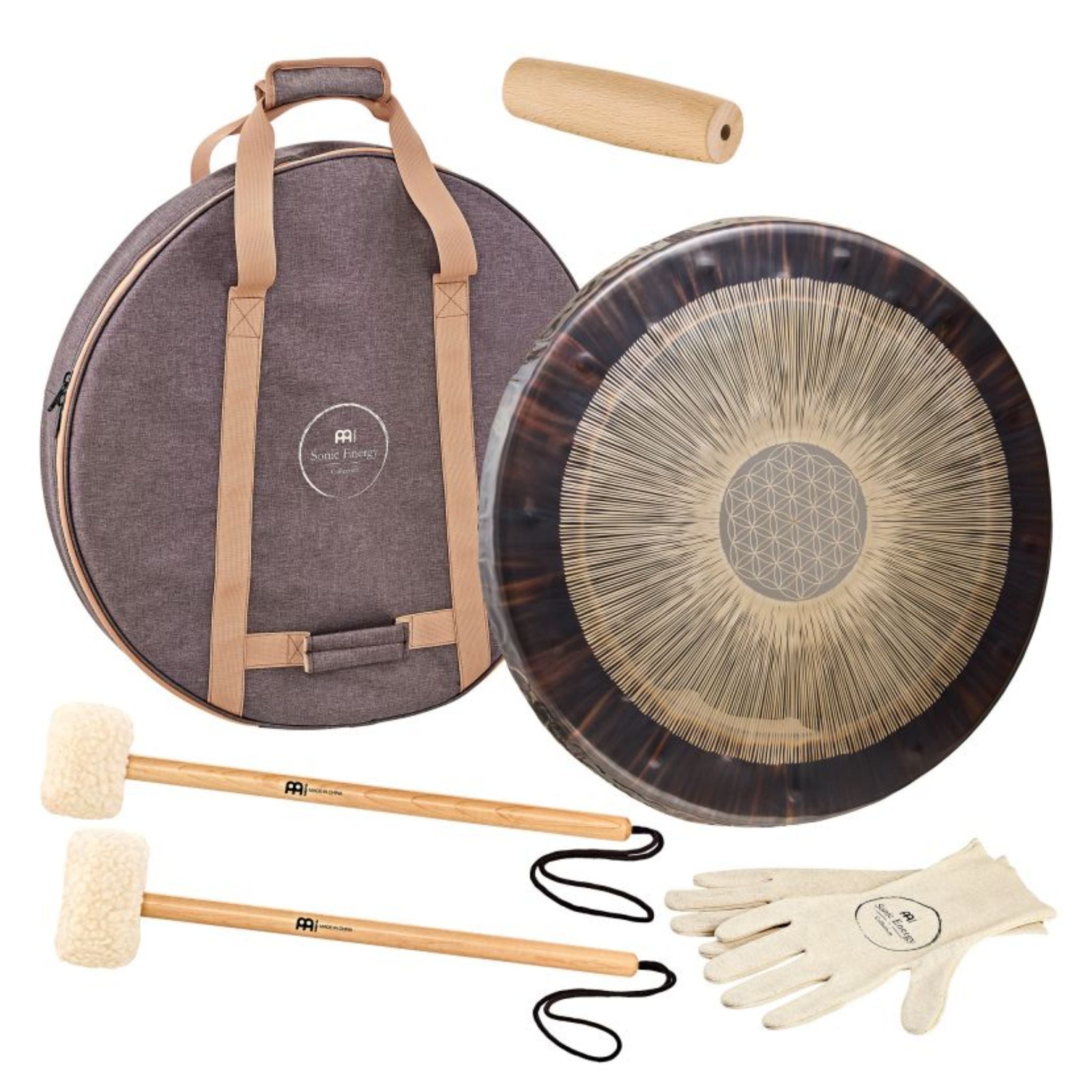 Meinl Sonic Energy 24 inch Flower of Life Soundscape Gong 64Hz GFOL24 with included travel bag, gong handle, gong cord, protective gloves, and two gong mallets displayed together on white background.