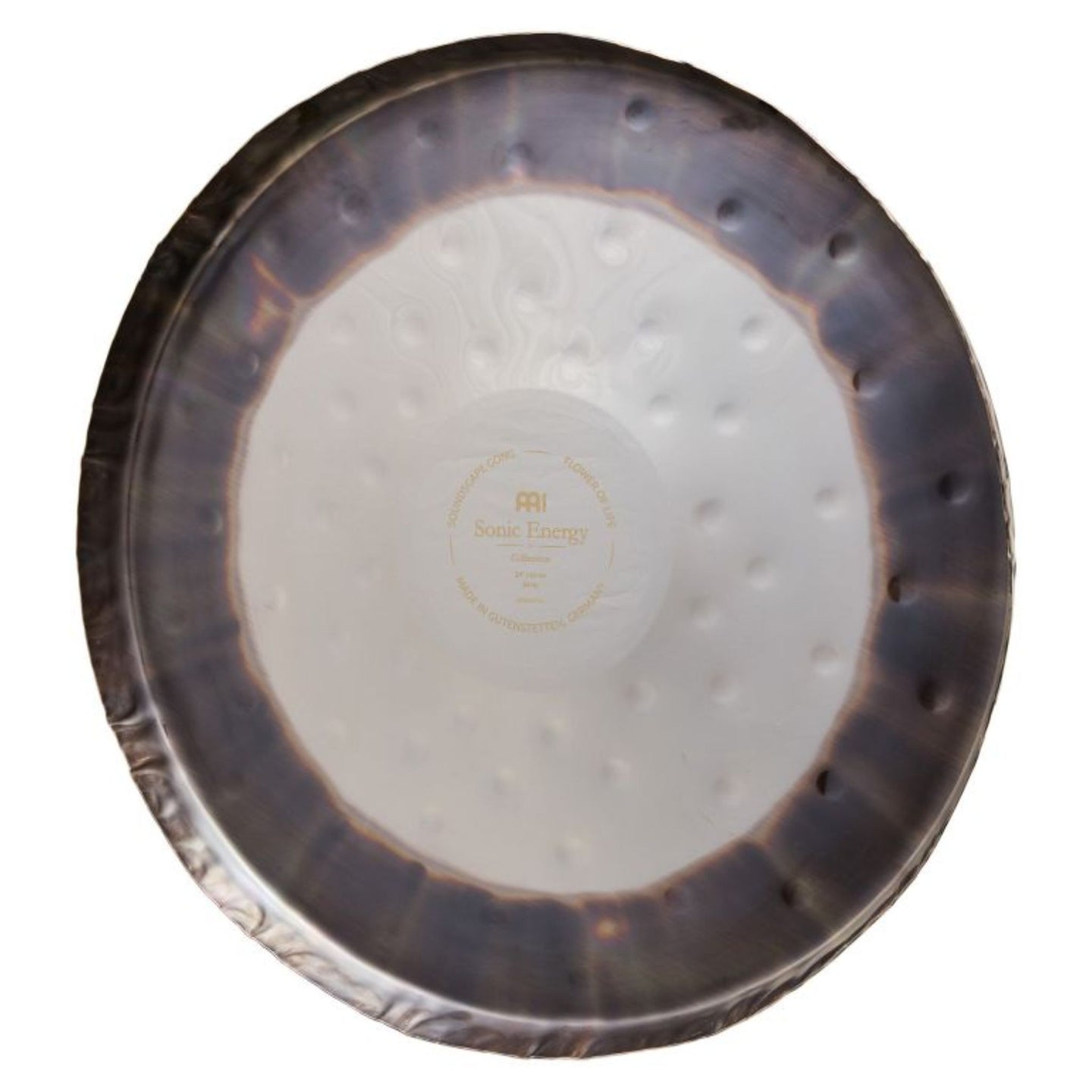 rear view of Meinl Sonic Energy 24 inch Flower of Life Soundscape Gong 64Hz GFOL24 showing the polished nickel silver construction, hanging cord attachment, and handcrafted design on white background.