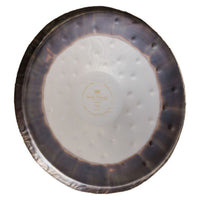 rear view of Meinl Sonic Energy 24 inch Flower of Life Soundscape Gong 64Hz GFOL24 showing the polished nickel silver construction, hanging cord attachment, and handcrafted design on white background.