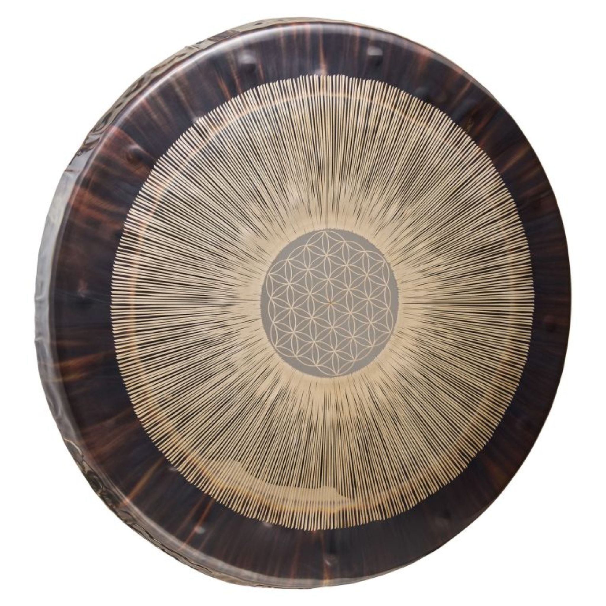 Meinl Sonic Energy 24 inch Flower of Life Soundscape Gong 64Hz GFOL24 on white background featuring an engraved Flower of Life design, polished nickel silver construction, and rich resonant tones for meditation, sound therapy, and immersive sound exploration.