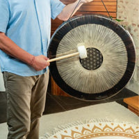 close up of the Meinl Sonic Energy 24 inch Flower of Life Soundscape Gong 64Hz GFOL24 highlighting the engraved Flower of Life pattern, polished nickel silver surface, and detailed craftsmanship designed for meditation, sound therapy, and immersive sound exploration.