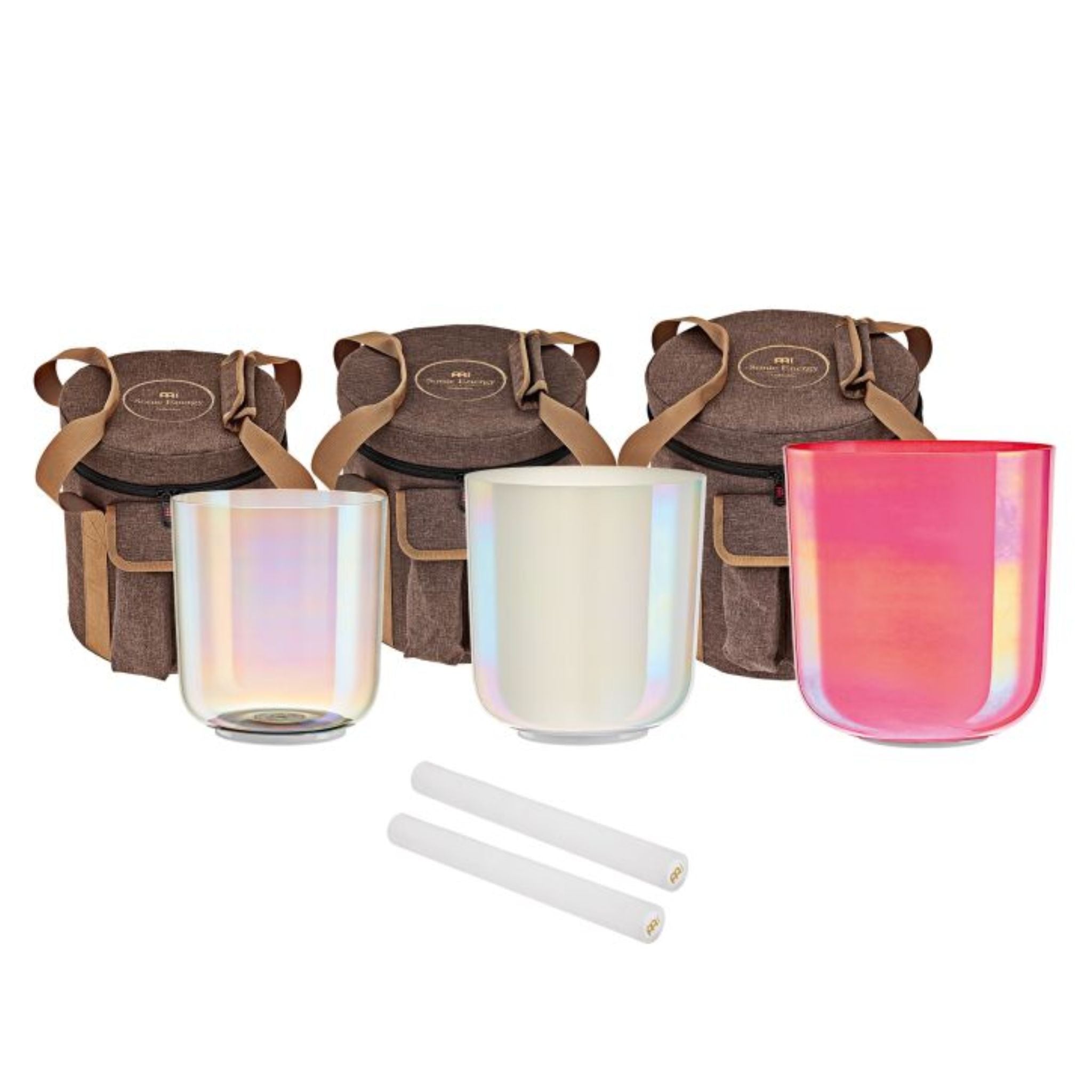 Meinl Sonic Energy 3-Piece Essence Crystal Singing Bowl Set E4 B3 G3 440Hz ECSBSETEBG featuring three quartz crystal singing bowls, carrying bags, silicone rings, and crystal silicone rods for meditation, sound therapy, and immersive sound exploration.