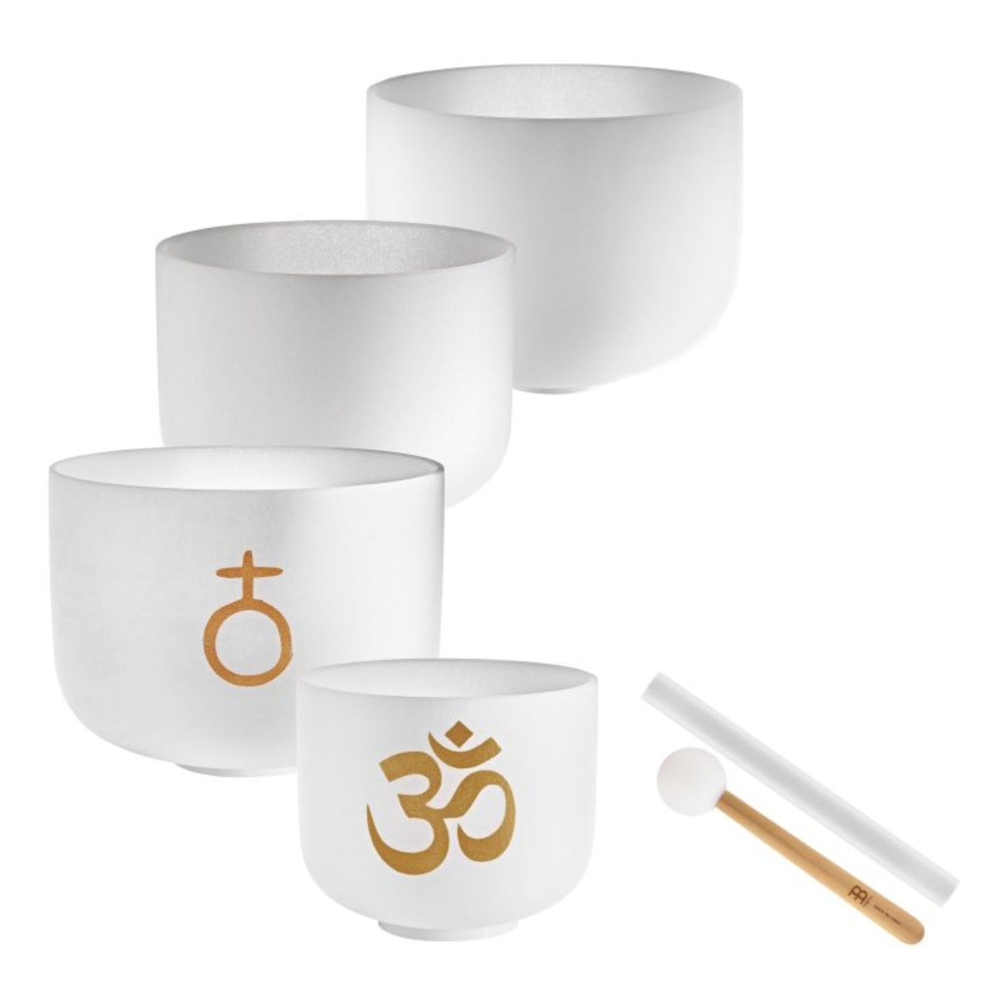 Meinl Sonic Energy 4-Piece Om Crystal Singing Bowl Set CSBSETOM4 on white background featuring four white frosted quartz crystal singing bowls with silicone rings, crystal silicone rod, and crystal singing bowl mallet for meditation, sound therapy, and immersive sound exploration