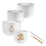 Meinl Sonic Energy 4-Piece Om Crystal Singing Bowl Set CSBSETOM4 on white background featuring four white frosted quartz crystal singing bowls with silicone rings, crystal silicone rod, and crystal singing bowl mallet for meditation, sound therapy, and immersive sound exploration