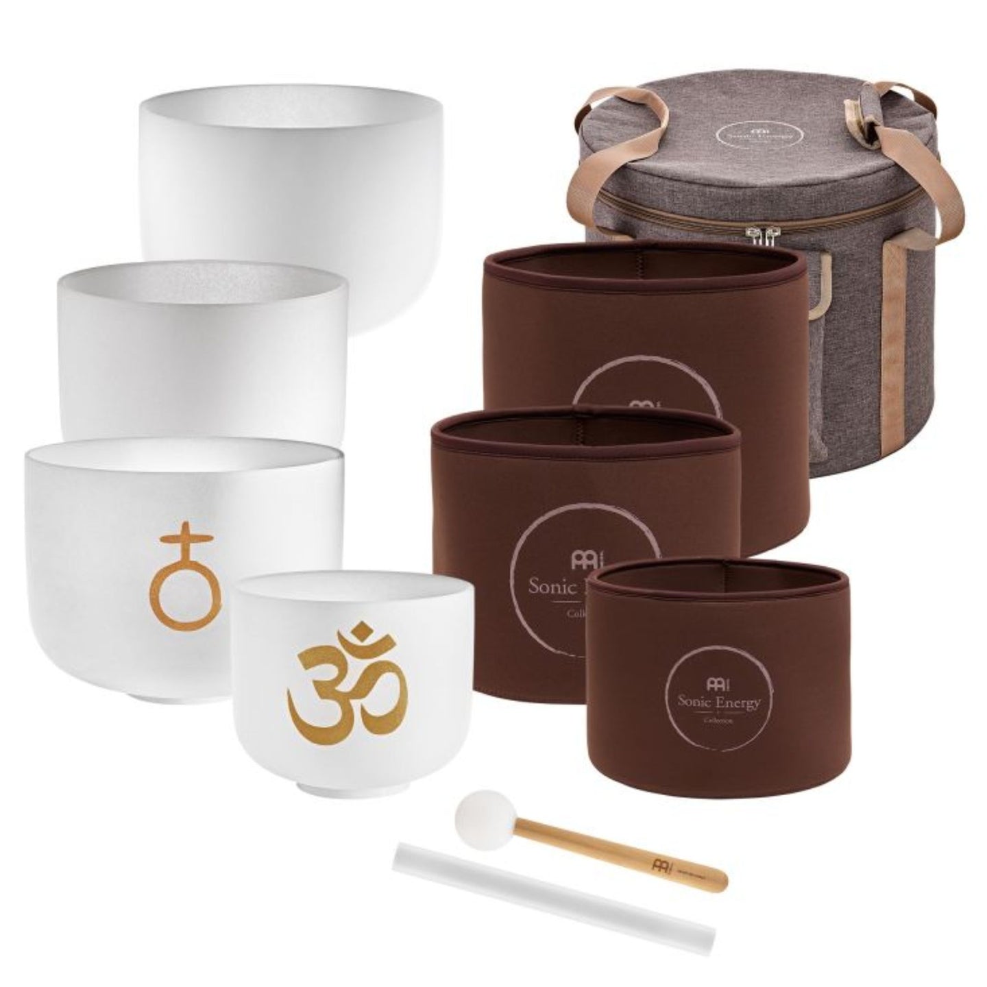Meinl Sonic Energy 4-Piece Om Crystal Singing Bowl Set CSBSETOM4 on white background featuring four white frosted quartz crystal singing bowls, silicone rings, crystal silicone rod, crystal singing bowl mallet, carrying bag, and protective sleeves for meditation and sound therapy sessions