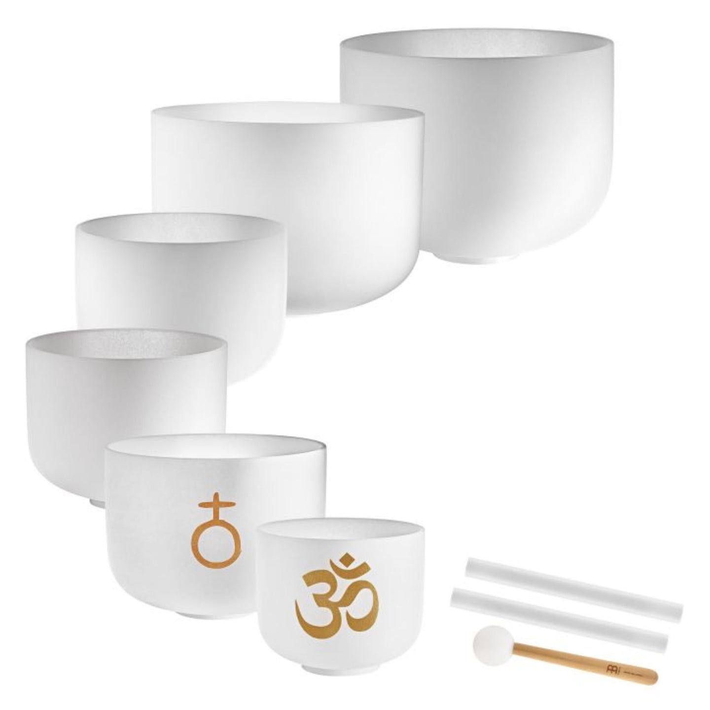 Meinl Sonic Energy 6-Piece Om Crystal Singing Bowl Set CSBSETOM6 on white background featuring six white frosted quartz crystal singing bowls with silicone rings, crystal silicone rod, and crystal singing bowl mallet for meditation, sound therapy, and immersive sound exploration.