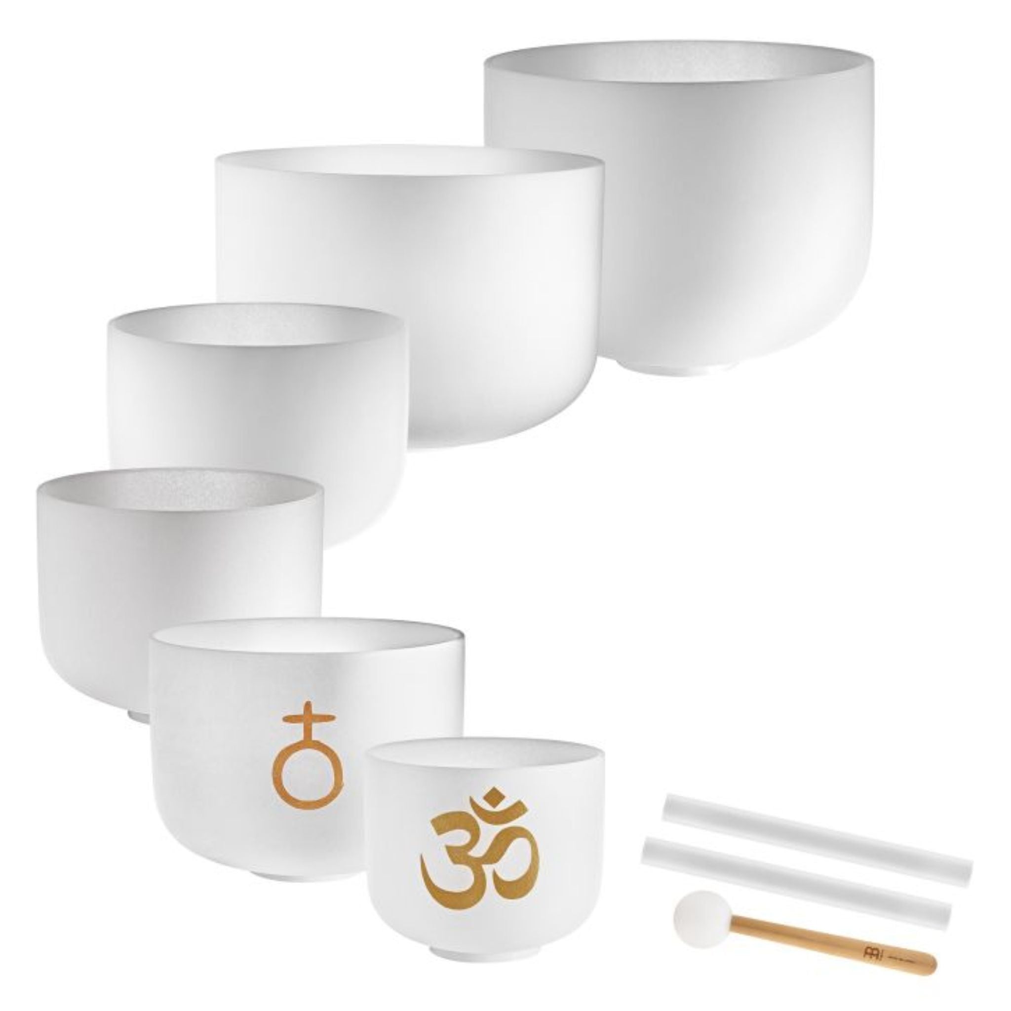 Meinl Sonic Energy 6-Piece Om Crystal Singing Bowl Set CSBSETOM6 on white background featuring six white frosted quartz crystal singing bowls with silicone rings, crystal silicone rod, and crystal singing bowl mallet for meditation, sound therapy, and immersive sound exploration.