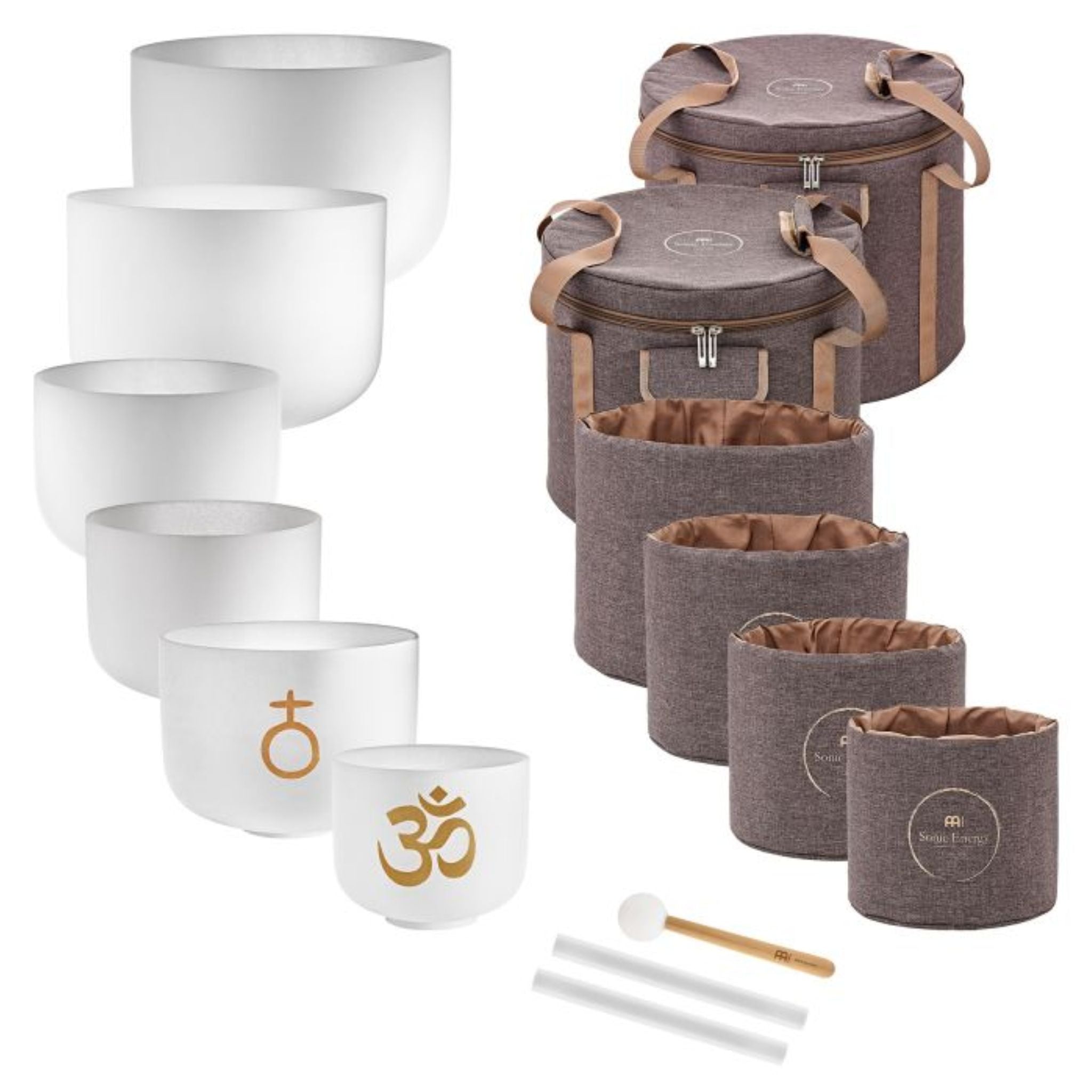 Meinl Sonic Energy 6-Piece Om Crystal Singing Bowl Set CSBSETOM6 on white background featuring six white frosted quartz crystal singing bowls, silicone rings, crystal silicone rod, crystal singing bowl mallet, carrying bags, and protective sleeves for meditation and sound therapy sessions