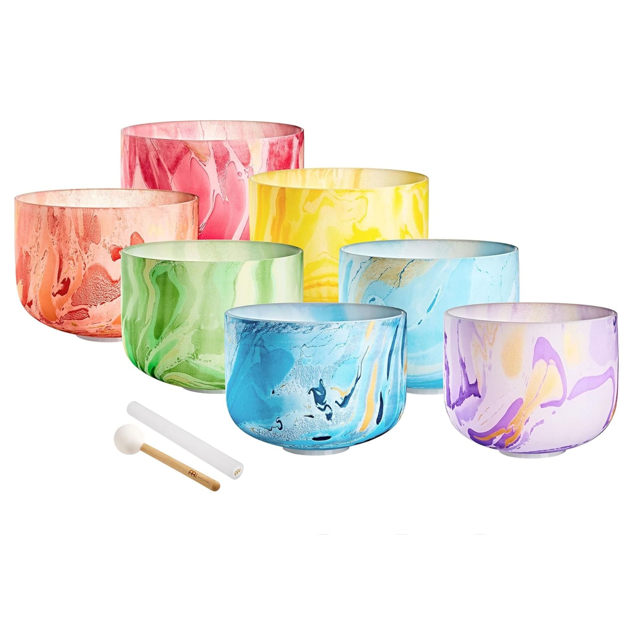 Meinl Sonic Energy 7-Piece Marble Crystal Singing Bowl Chakra Set 432Hz MCSBSETCHA on white background featuring seven chakra-coloured quartz crystal singing bowls, crystal singing bowl mallet, and crystal silicone rod with silicone rings included