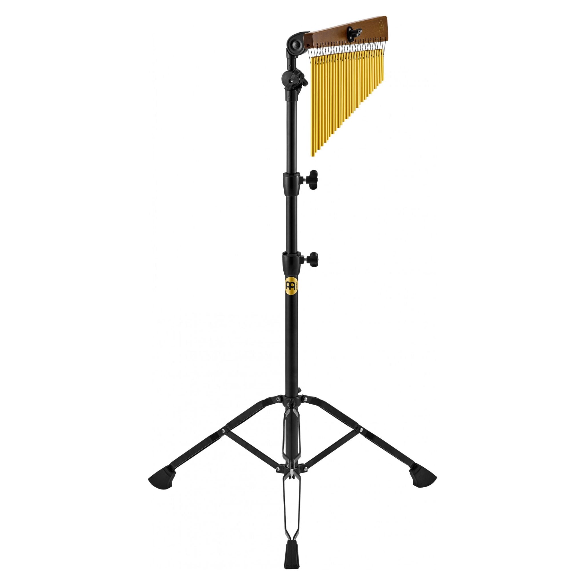 Side view of Meinl Sonic Energy Chimes Stand TMCHBK with chimes mounted, highlighting adjustable angle and stable black steel construction