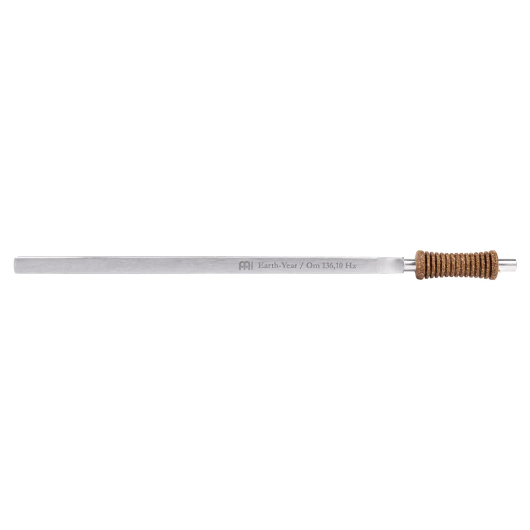 Side view of the Meinl Sonic Energy Earth Year Therapy Tuning Fork 136.10 Hz TTF-E showing the nickel-plated steel fork and ergonomically shaped cork handle.