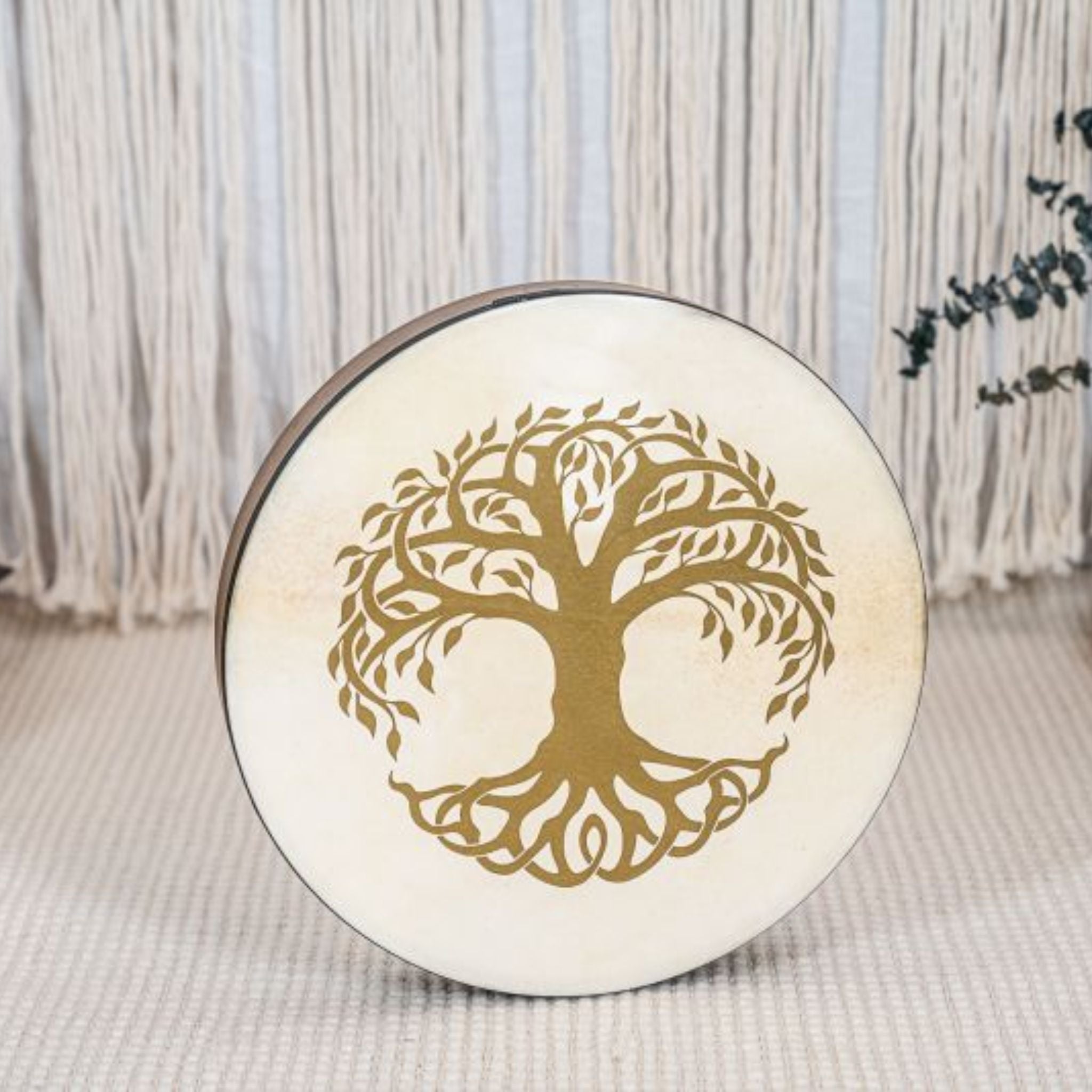 Meinl Sonic Energy Frame Drum 16 inch Tree of Life HD16WB-TOL resting on floor in calm meditation setting showing natural goat skin head and engraved Tree of Life design