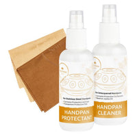 Meinl Sonic Energy Handpan Care Set for Stainless Steel Handpans SSHPCS including handpan cleaner, handpan protectant, and two microfiber cloths on white background
