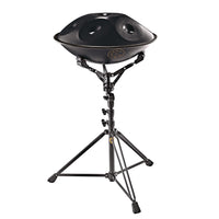 Meinl Sonic Energy handpan stand fitted with a smaller black handpan, height adjustable forergonomic playing position and making it comfortable for sound healing and musical performances.