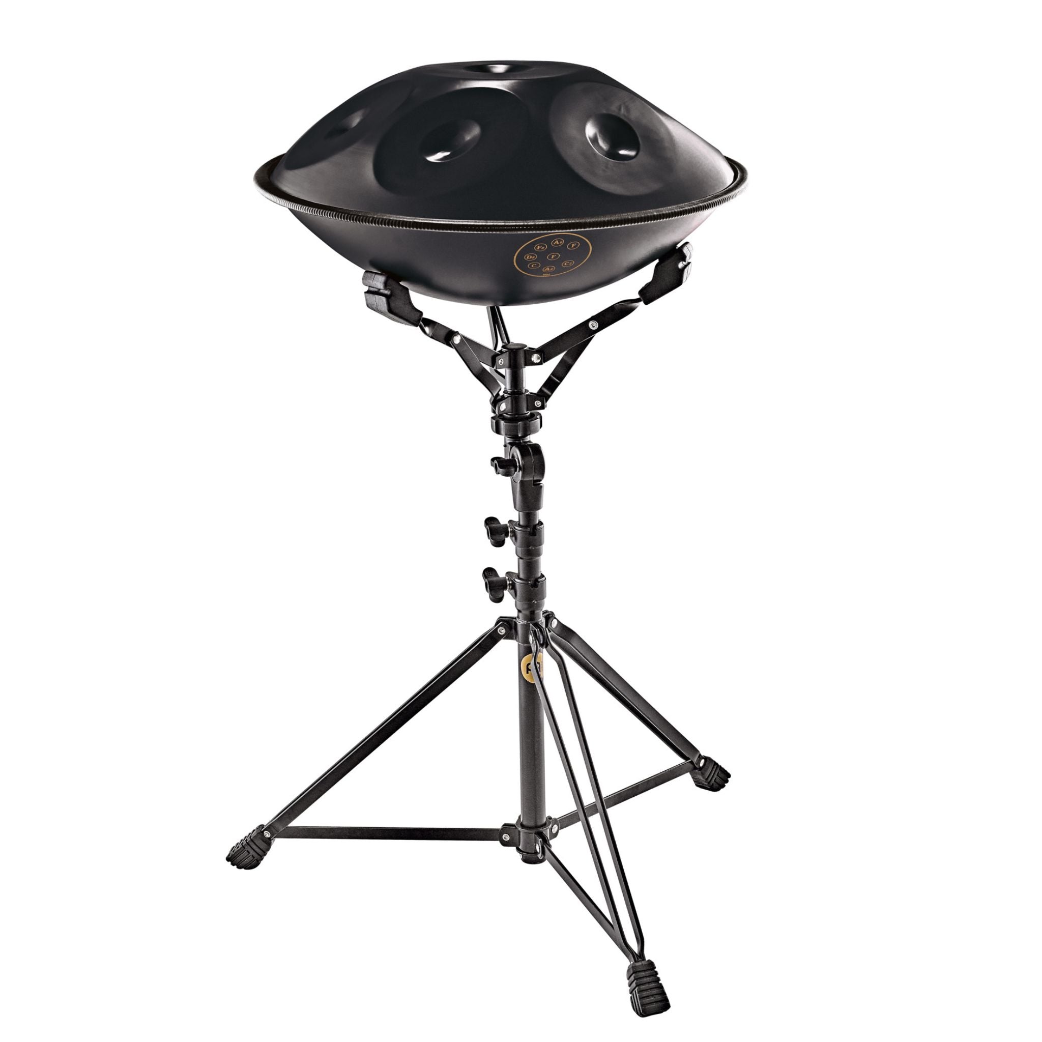 Meinl Sonic Energy handpan stand fitted with a smaller black handpan, height adjustable forergonomic playing position and making it comfortable for sound healing and musical performances.