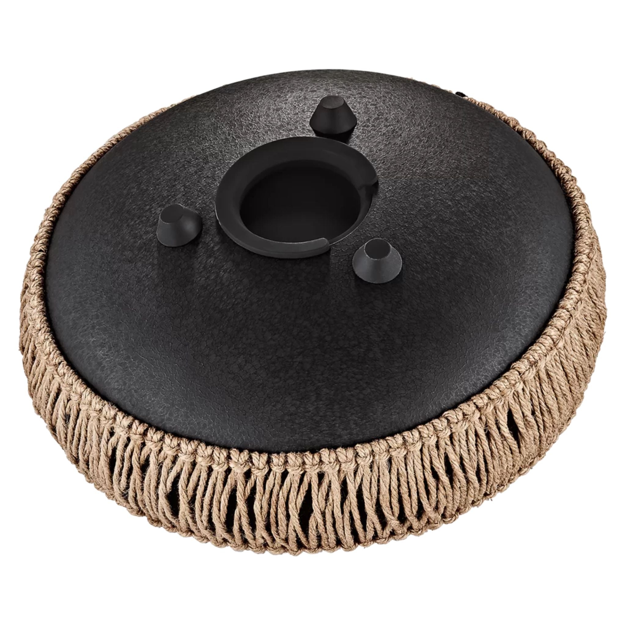Bottom view of the Meinl Sonic Energy Medium Octave Steel Tongue Drum 10" B Minor 432 Hz MOSTD1BK showing the sound port, silicone plug, and anti-slip feet.