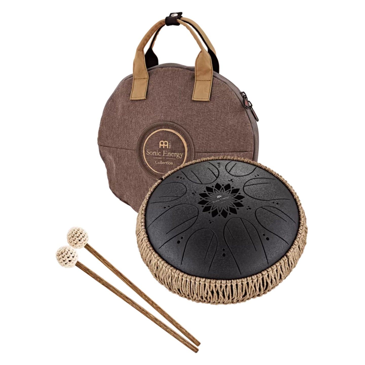 Meinl Sonic Energy Medium Octave Steel Tongue Drum 10" B Minor 432 Hz MOSTD1BK with the included carry bag and pair of soft mallets.