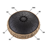 Top view of the Meinl Sonic Energy Medium Octave Steel Tongue Drum 10" B Minor 432 Hz MOSTD1BK showing the engraved note layout on the playing surface.