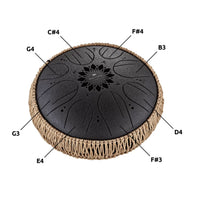 Top view of the Meinl Sonic Energy Medium Octave Steel Tongue Drum 10" B Minor 432 Hz MOSTD1BK showing the engraved note layout on the playing surface.