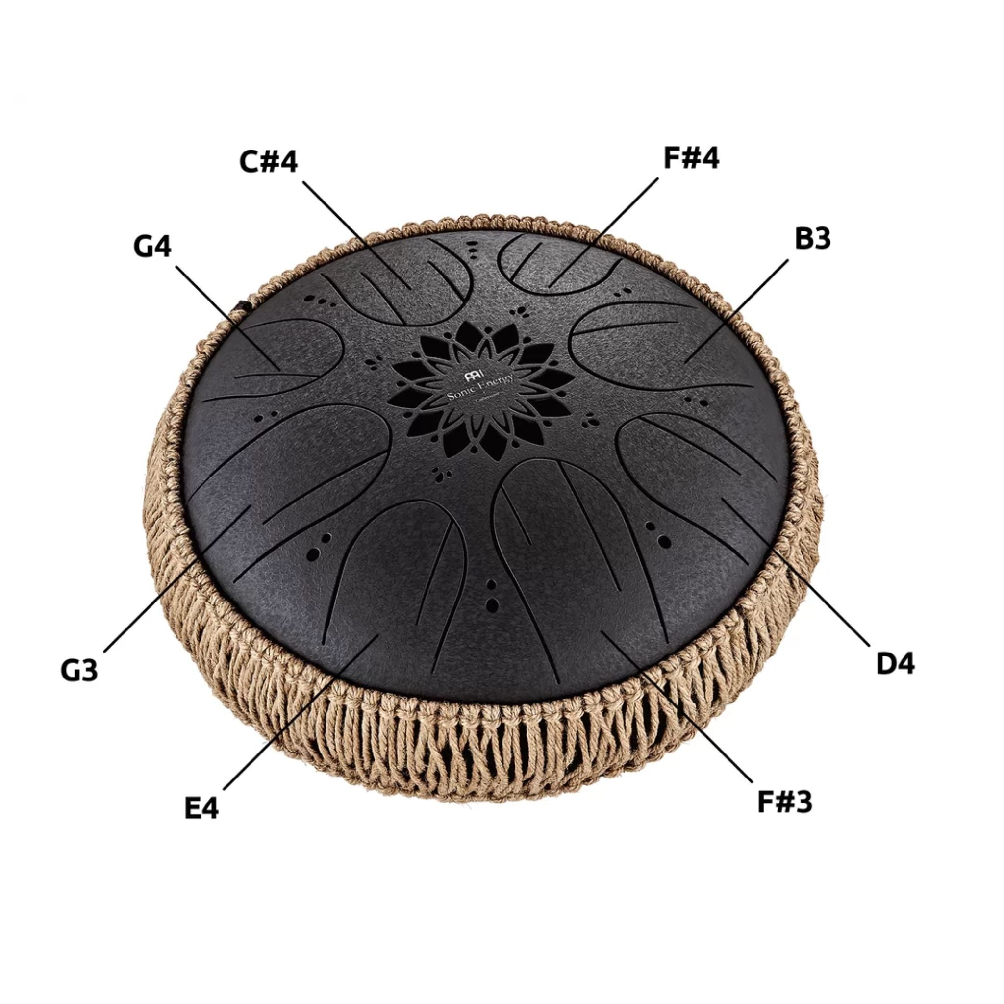 Top view of the Meinl Sonic Energy Medium Octave Steel Tongue Drum 10" B Minor 432 Hz MOSTD1BK showing the engraved note layout on the playing surface.